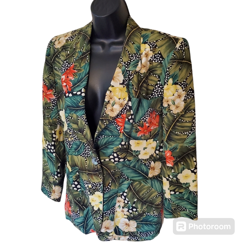 Vintage 80s Tropical print Liz Claiborne blazer size petite 2